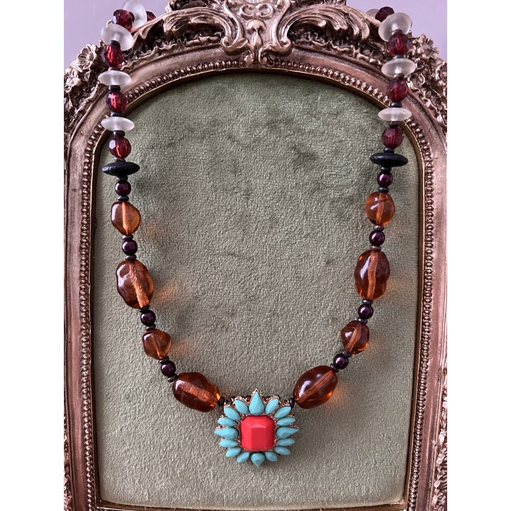 Vintage Boho Necklace Beads Red & Turquoise pendant 22”